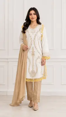 3 Pcs Women's Stitched Linen Hand Embroidered Suit