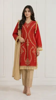 3 Pcs Women's Stitched Linen Hand Embroidered Suit