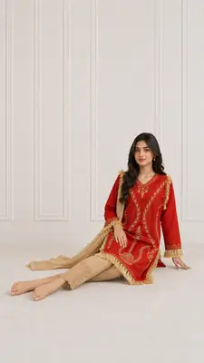 3 Pcs Women's Stitched Linen Hand Embroidered Suit thumbnail 2