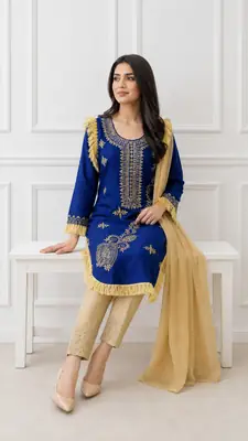 3 Pcs Women's Stitched Linen Hand Embroidered Suit thumbnail 2