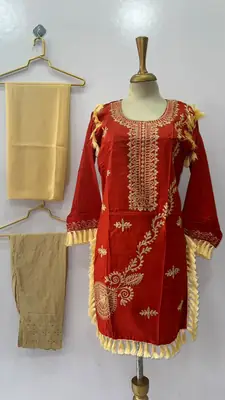 3 Pcs Women's Stitched Linen Hand Embroidered Suit thumbnail 3