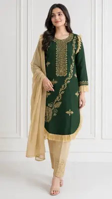 3 Pcs Women's Stitched Linen Hand Embroidered Suit