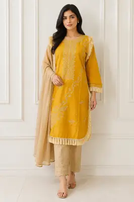 3 Pcs Women's Stitched Linen Hand Embroidered Suit
