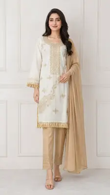 3 Pcs Women's Stitched Linen Hand Embroidered Suit
