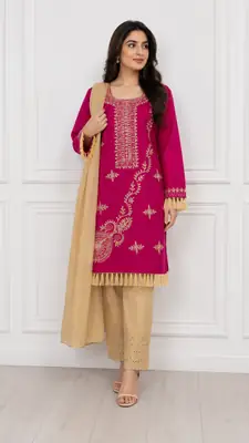 3 Pcs Women's Stitched Linen Hand Embroidered Suit