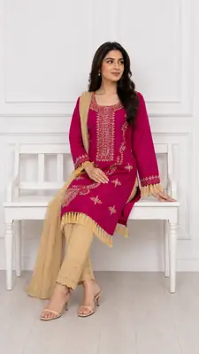 3 Pcs Women's Stitched Linen Hand Embroidered Suit thumbnail 2
