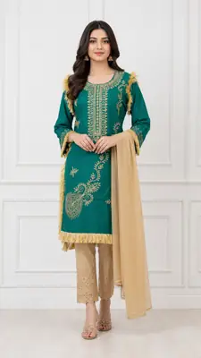 3 Pcs Women's Stitched Linen Hand Embroidered Suit