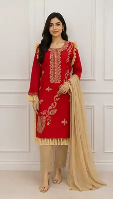 3 Pcs Women's Stitched Linen Hand Embroidered Suit