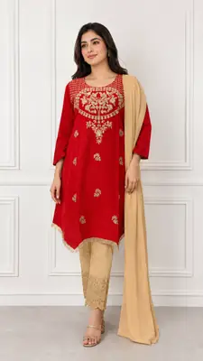 3 Pcs Women's Stitched Linen Hand Embroidered Suit