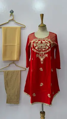 3 Pcs Women's Stitched Linen Hand Embroidered Suit thumbnail 3