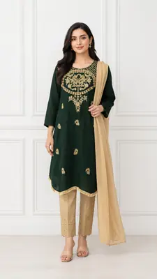 3 Pcs Women's Stitched Linen Hand Embroidered Suit