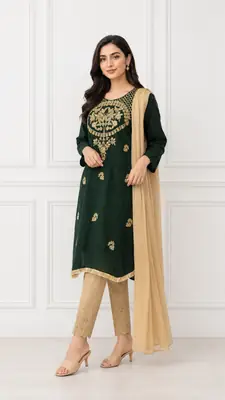 3 Pcs Women's Stitched Linen Hand Embroidered Suit thumbnail 2