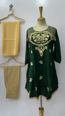3 Pcs Women's Stitched Linen Hand Embroidered Suit thumbnail 3