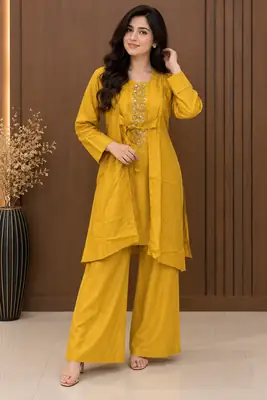 3 Pcs Women's Stitched Linen Printed Gown Suit