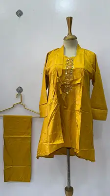 3 Pcs Women's Stitched Linen Printed Gown Suit thumbnail 3