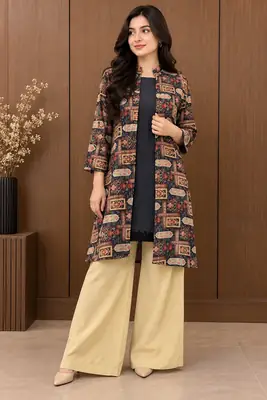 3 Pcs Women's Stitched Linen Printed Gown Suit thumbnail 4