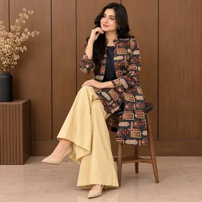 3 Pcs Women's Stitched Linen Printed Gown Suit thumbnail 5