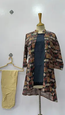 3 Pcs Women's Stitched Linen Printed Gown Suit thumbnail 6