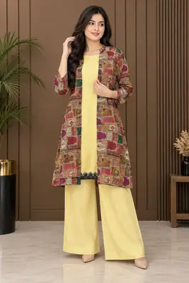 3 Pcs Women's Stitched Linen Printed Gown Suit thumbnail 10