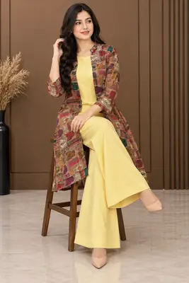 3 Pcs Women's Stitched Linen Printed Gown Suit thumbnail 11