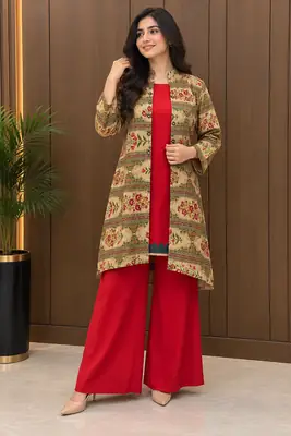 3 Pcs Women's Stitched Linen Printed Gown Suit thumbnail 13