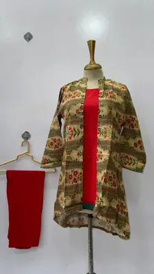 3 Pcs Women's Stitched Linen Printed Gown Suit thumbnail 15