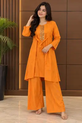 3 Pcs Women's Stitched Linen Printed Gown Suit thumbnail 19