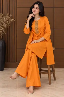 3 Pcs Women's Stitched Linen Printed Gown Suit thumbnail 20