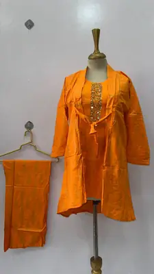 3 Pcs Women's Stitched Linen Printed Gown Suit thumbnail 21
