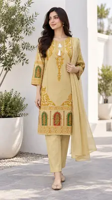 3 Pcs Women's Stitched Linen Printed Suit (3D Design)