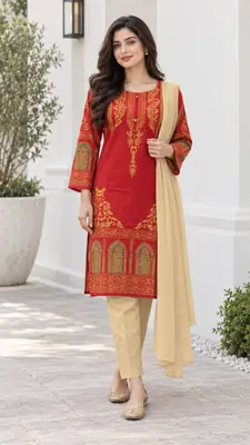 3 Pcs Women's Stitched Linen Printed Suit (3D Design) thumbnail 4