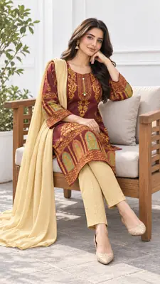 3 Pcs Women's Stitched Linen Printed Suit (3D Design) thumbnail 8
