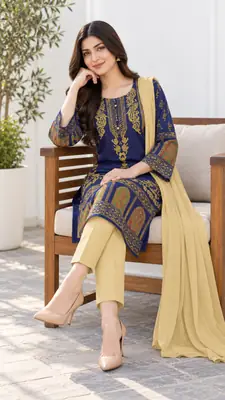 3 Pcs Women's Stitched Linen Printed Suit (3D Design) thumbnail 11