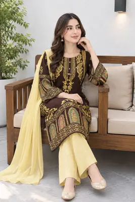 3 Pcs Women's Stitched Linen Printed Suit (3D Design) thumbnail 14