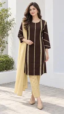 3 Pcs Women's Stitched Linen Gota Work Suit thumbnail 3