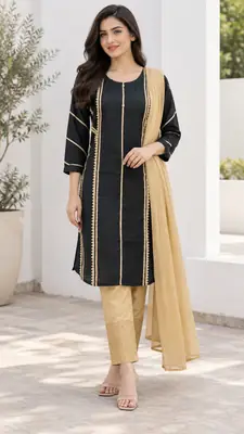 3 Pcs Women's Stitched Linen Gota Work Suit thumbnail 5