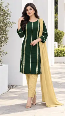 3 Pcs Women's Stitched Linen Gota Work Suit thumbnail 8