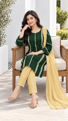 3 Pcs Women's Stitched Linen Gota Work Suit thumbnail 9