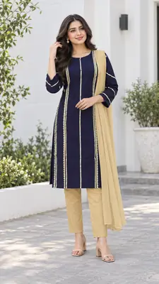 3 Pcs Women's Stitched Linen Gota Work Suit thumbnail 14