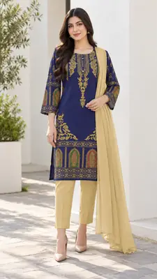 3 Pcs Women's Stitched Linen 3-D Block Printed Suit