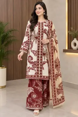 3Pcs Women's Stitched Grip Silk Printed Suit