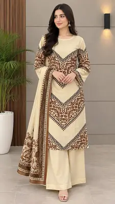3Pcs Women's Stitched Grip Silk Printed Suit
