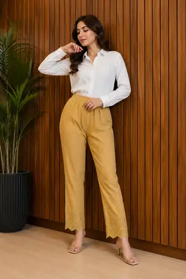 1 Pc Women's Stitched Linen Embroidered Trouser ChickanKari