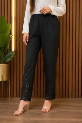 1 Pc Women's Stitched Linen Embroidered Trouser Black