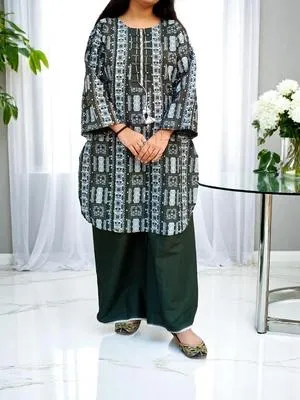 Turquoise Block Printed Cotton Lawn Kurta Set for Women