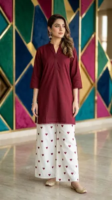 2Pcs Women's Stitched Cotton Lawn Block Printed Shirt And Flapper Viral Heart Printed thumbnail 4