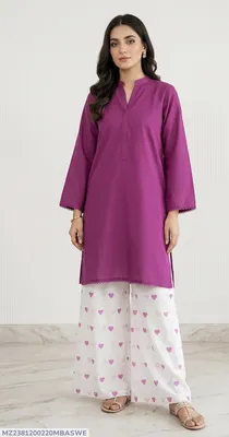 2Pcs Women's Stitched Cotton Lawn Block Printed Shirt And Flapper Viral Heart Printed