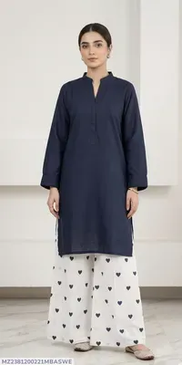 2Pcs Women's Stitched Cotton Lawn Block Printed Shirt And Flapper Viral Heart Printed thumbnail 4