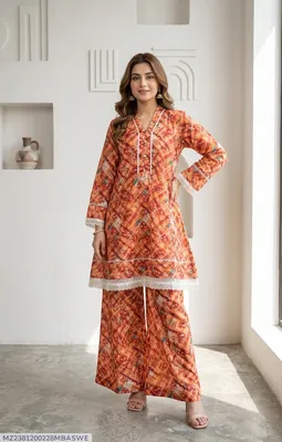 2Pcs Women's Stitched Lawn Digital Print Frock And Trouser with Milky Lace (Hajra) thumbnail 1