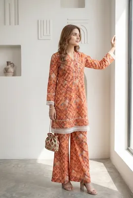 2Pcs Women's Stitched Lawn Digital Print Frock And Trouser with Milky Lace (Hajra) thumbnail 3